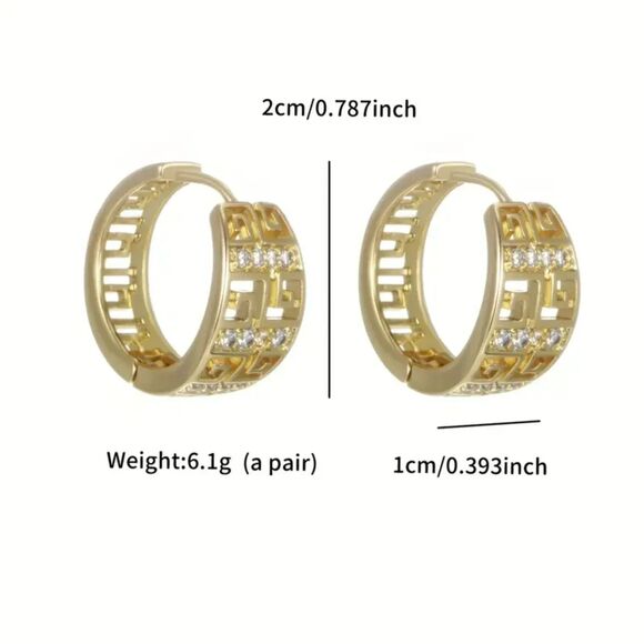"Louise" 18k Gold Geometric Ethnic Style Huggie Hoop Earrings CZ Accent - Picture 3 of 3